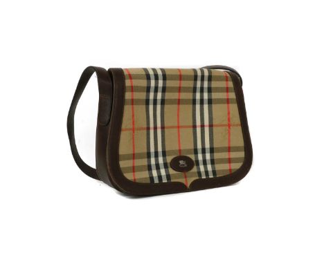 A Burberry Haymarket cheque shoulder flap bag, brown leather trim and adjustable shoulder strap, front magnetic closure, open