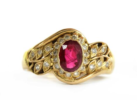 A gold ruby and diamond ring, with an oval mixed cut ruby, rub set, to surround of brilliant cut diamonds, grain set to a sca