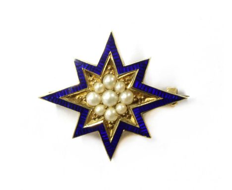 A Victorian gold split pearl and enamel star, later converted to a brooch, with a cluster of split pearls grain set at the ce