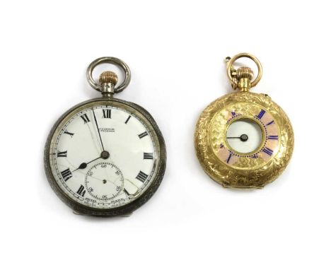 A Continental gold pin set half hunter fob watch, 32mm diameter, with an iridescent pink/peach chapter ring to the front cove