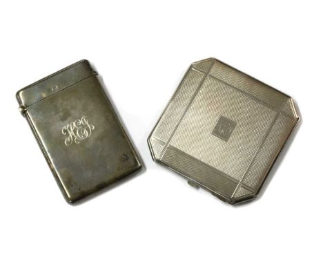 A sterling silver card case, with engraved initials, Birmingham 1909, together with a sterling silver mirrored compact, with 