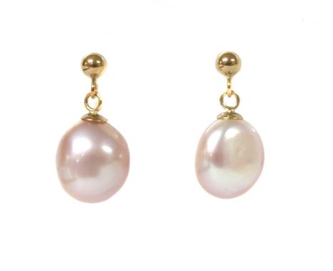 A pair of gold cultured freshwater pearl drop earrings, with a light pink cultured freshwater pearl, peg set, to bead, post a
