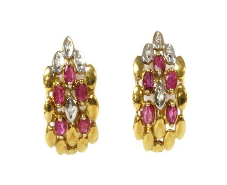 A pair of gold ruby and diamond earrings, with claw set marquise cut rubies and grain set eight cut diamonds, to post and hin