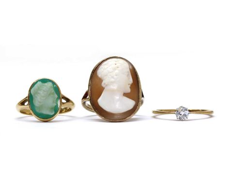 Three gold rings, to include a single stone white sapphire ring, tested as approximately 18ct gold, a green agate cameo ring,