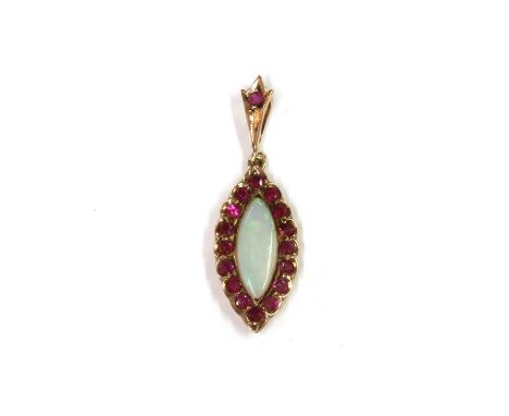 A gold opal and ruby pendant, with a marquise cabochon opal, rub set, to surround of circular mixed cut rubies, grain set to 