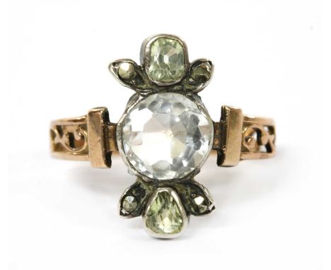 A zircon, chrysoberyl and marcasite ring, with a circular mixed cut white zircon, rub set, with a mixed cut chrysoberyl rub s