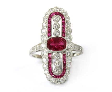 A platinum ruby and diamond fingerline cluster ring, with a mixed cut ruby milligrain set in a landscape position at the cent