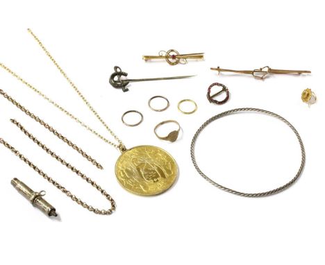 A quantity of jewellery, to include two sections of gold belcher link chain, worn and broken in places, a single gold paste s