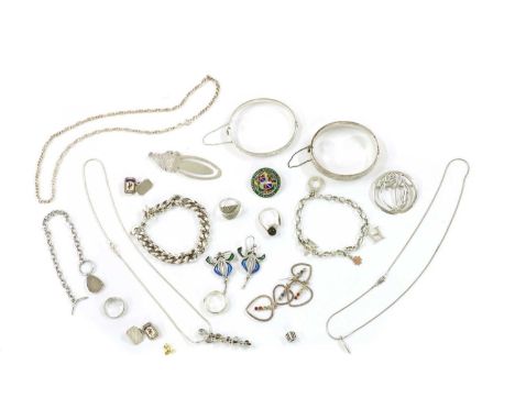 A quantity of silver jewellery, to include a sterling silver bookmark with enamel clown finial, a spinner ring with applied g