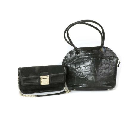 A Mulberry black crocodile embossed leather bag, silver tone hardware, zip top closure opening to chequed lined interior with