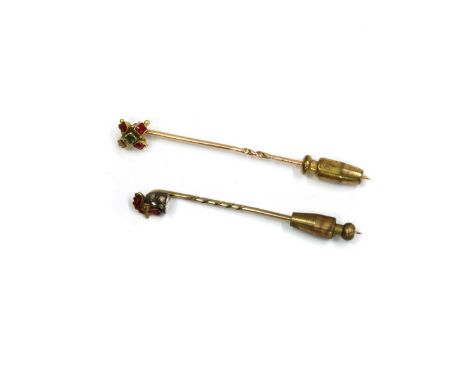 A silver and gold, diamond and enamel cockerel stick pin, the silver finial backed in gold in the form of a cockerel's head g