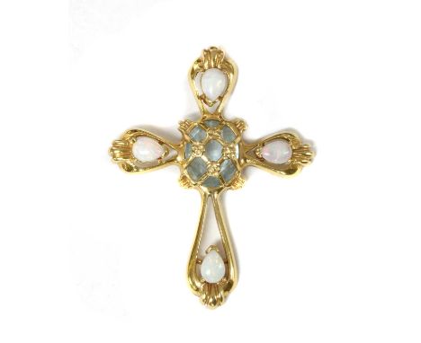 A 14ct gold blue topaz and opal cross pendant, with an oval mixed cut blue topaz, lattice set at the centre, to lobed arms ea