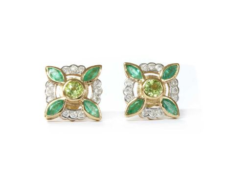 A pair of peridot, emerald and diamond earrings, by Luke Stockley, with a circular mixed cut peridot, rub set to the centre, 