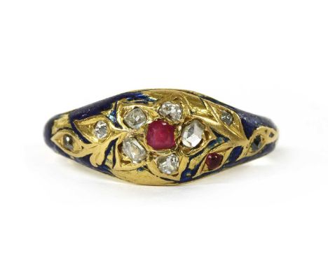 A gold enamel ruby and diamond ring, with an old cushion cut ruby with a surround of old brilliant and rose cut diamonds, all