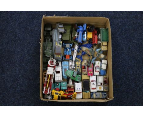 Playworn model vehicles including thirteen Dinky Toys including 660 Tank Transporter, 651 Centurion Tank, Alvis Striker, Bedf