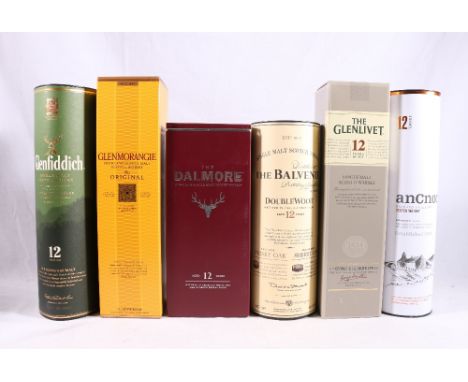 Six bottles of single malt Scotch whisky including THE DALMORE twelve year old 70cl 40% volume, THE BALVENIE twelve year old 