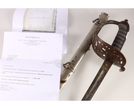 Heavy Grenadier Guards sword with blade by Henry Wilkinson, blade spine numbered 26494 with pierced bowl guard and fish skin 