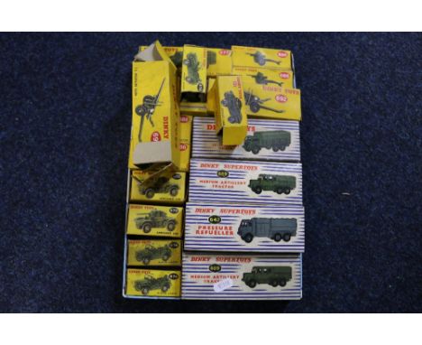 Dinky Toys military vehicles including 622 ten ton army truck, 642 RAF pressure refueller, two 689 medium artillery tractor, 