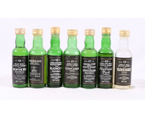 Seven Williams Cadenhead malt Scotch whisky miniatures including GLEN ORD twenty seven year old 55.4%, HIGHLAND PARK twenty t