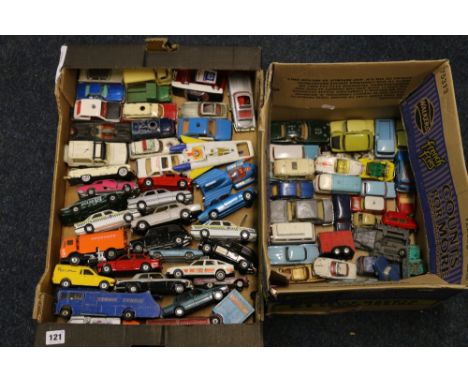 Approximately 70 playworn Corgi Toys model vehicles in two boxes.