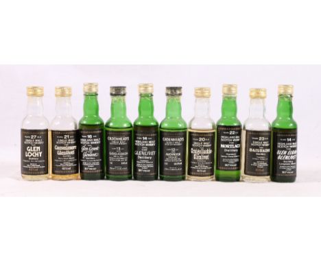 Ten William Cadenhead malt Scotch whisky miniatures including: GLEN LOCHY twenty seven year old 45% volume, CONVALMORE twenty