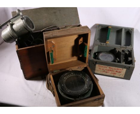 Ships type P4A deck compass, another type P12 and a signalling lamp, each boxed.
