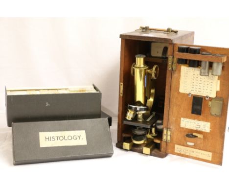 R and J Beck Limited of London monocular microscope numbered 29818 in fitted mahogany case with additional accessories and al