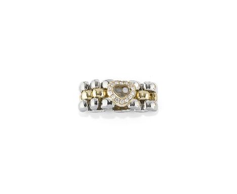 ANELLO IN DIAMANTI CHOPARD in oro e acciaio a maglia panthère con cuore “happy hours” in diamanti. Firmato Chopard. Misura 13