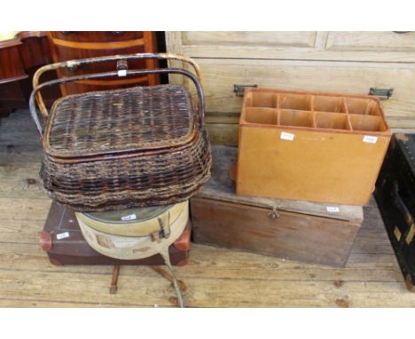 A pine box containing a vintage skittle set, a vintage hat box, suitcase, wicker sewing basket and a small wine rack