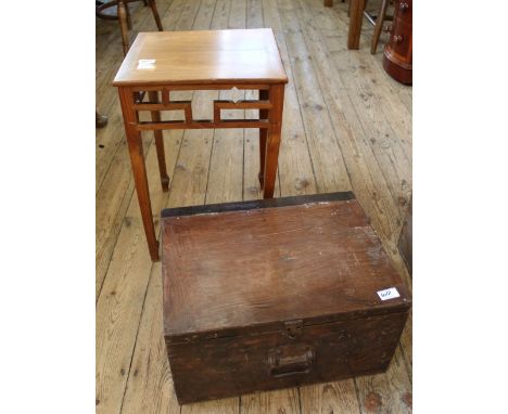 A vintage pine tool box and an Oriental style mahogany side table