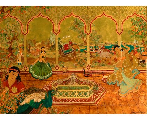 Anne Dunbar Graham (20th Century) 'The bead dancers', enamel and shellac on gold foil paper on board, signed and dated '74, 2