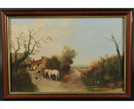 H. Sexton, Circa 1912, figures and horses by a gate on country road, oil on board, signed, 12" x 18" (30 x 46cm).