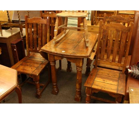 Rustic drop leaf table, four chairs, open shelf unit and CD cabinet