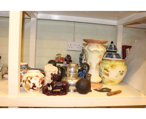Pair of lidded vases, jardiniere, pewter pieces, novelty teapot, ginger jar, etc