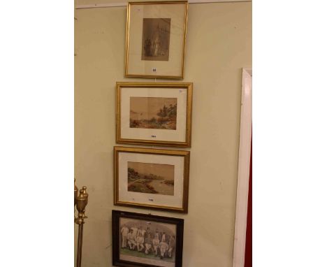 Normandy Cathedral, monogrammed, watercolour; pair of watercolours and a print of Australian Cricketers (4)