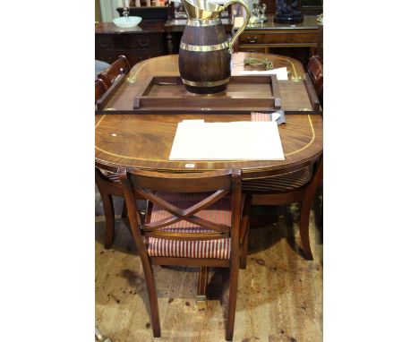 A fine Regency style mahogany dining suite by Iain James furniture, the D-end table with satinwood banding, ebony stringing a