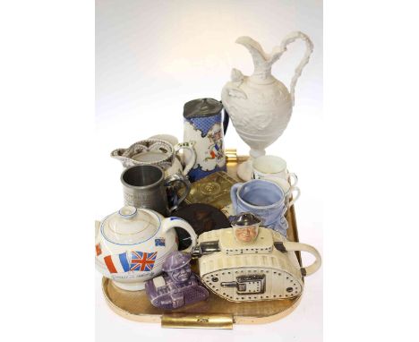 Collection of 19th Century and later ceramics etc including parian ewer (a/f), tank form teapot, Corn Law stoneware jug, etc