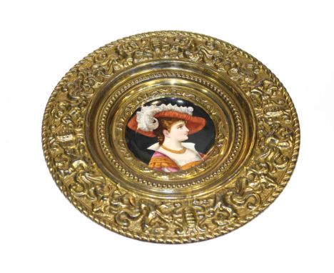 19th Century hand painted portrait plaque in brass frame