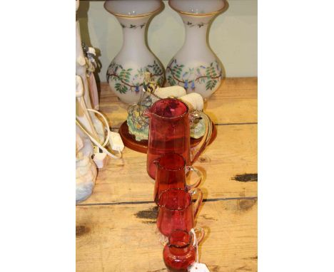 Pair of hand painted frosted glass vases, four pieces of ruby glass and Border Fine Arts sheep ornament 'Bolted'
