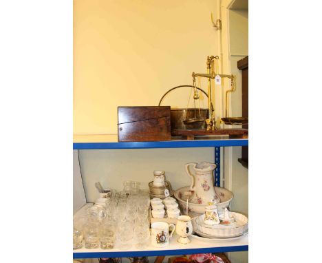 Brass jam pan, balance scales, writing box, toilet jug and basin, teaware, glass and china