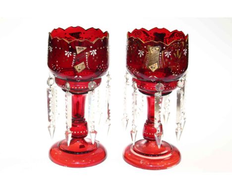Pair of ruby glass table lustres with drops decorated in enamel and gilt design