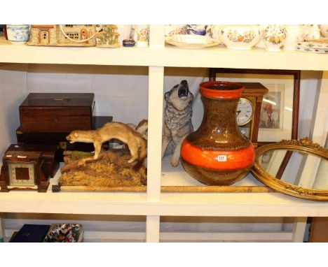 Two taxidermy, three Victorian boxes, West German vase, gilt mirrors, two clocks, walking stick, etc