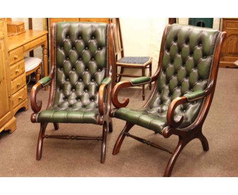 Pair of mahogany framed green button leather fireside armchairs
