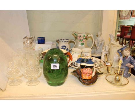 Victorian green glass dump, Lladro figure, charm bracelet, glass and china