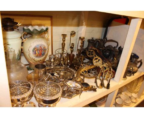 Collection of silver plated ware, brassware including horse brasses, oil lamp, vase and print