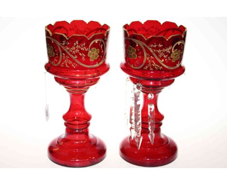 Pair of ruby glass with gilt decoration table lustres with drops