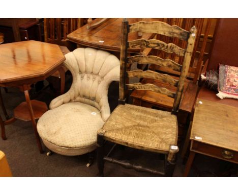 Rush seat ladder back chair, 19th Century upholstered occasional chair and farmhouse rocking chair