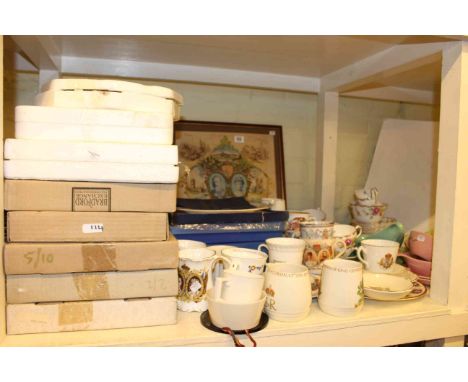 Collectors plates, commemorative china, Old Foley soup bowls and saucers, Chelsea tea set, etc