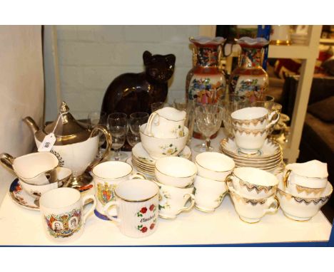 Rare Canney Hill Pottery (Bishop Auckland) model of a seated cat, 27cm high; pair of vases, teawares, etc