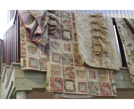 Pair of floral square design curtains with pelmet, 88inch drop x 76inch wide and pair of gold floral design curtains and pelm